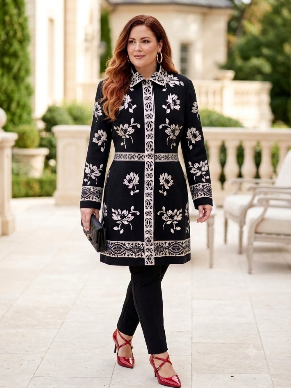 BEAUTIFUL💖FLORAL EMBROIDERED Black&White Wool BlendTrench/Elegant Tailored SzXL